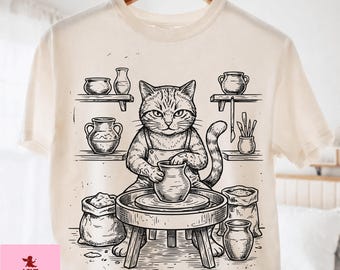 面白い猫の陶芸アート ヴィンテージ粘土陶芸愛好家 PNG: 気まぐれな猫のイラスト スタジオ装飾 レトロ美的 SVG (デジタルダウンロード)