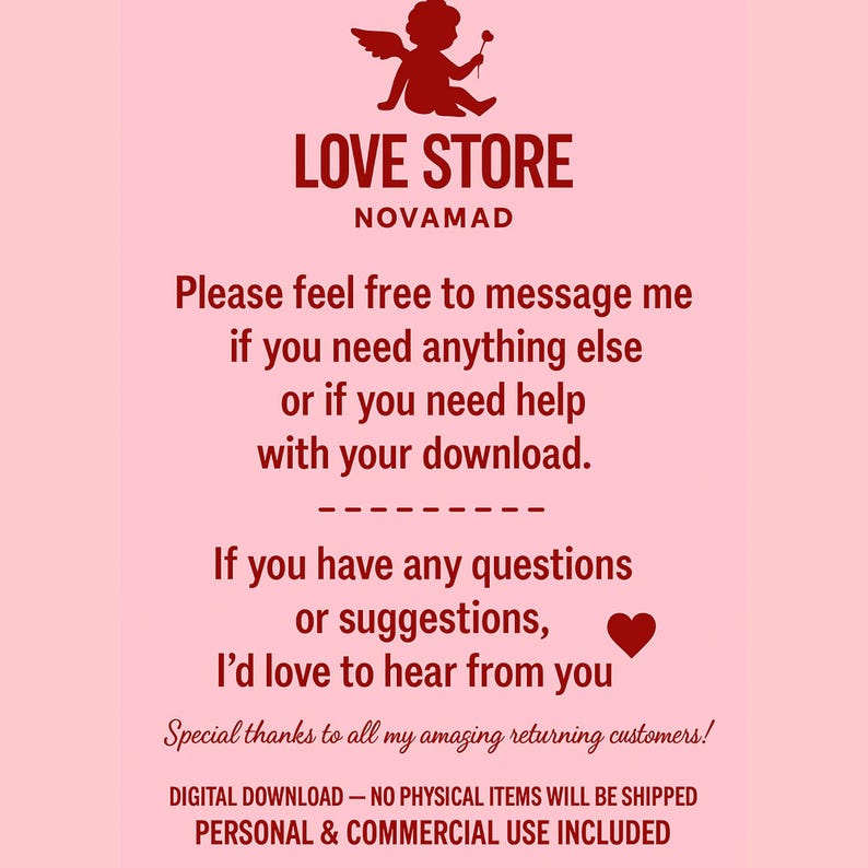 Op de afbeelding: Een roze achtergrond met de tekst "LOVE STORE NOVAMAD" in bordeauxrood. De tekst moedigt klanten aan om een bericht te sturen voor hulp bij downloads en verwelkomt vragen. Het bedankt ook terugkerende klanten en merkt digitaal downloadgebruik op.