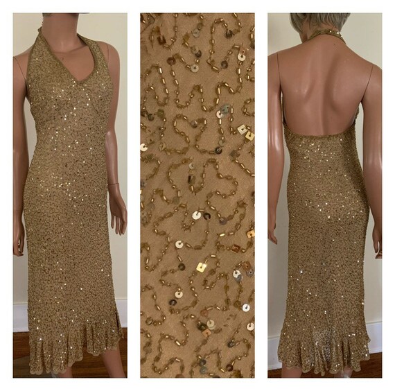 Gold Beaded Dress Gold Sequined Dress Gold Halter