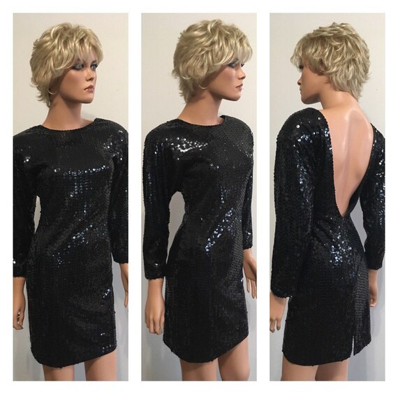 90s Sequined Dress 90s Party Dress Black Sequined… - image 4