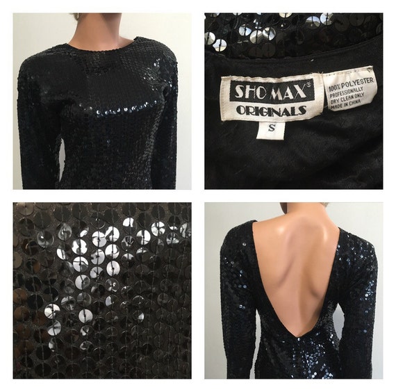 90s Sequined Dress 90s Party Dress Black Sequined… - image 5