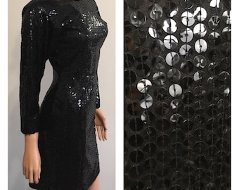 90s Sequined Dress 90s Party Dress Black Sequined Dress Backless Dress Mini Dress Black Party Dress Cocktail Dress Small