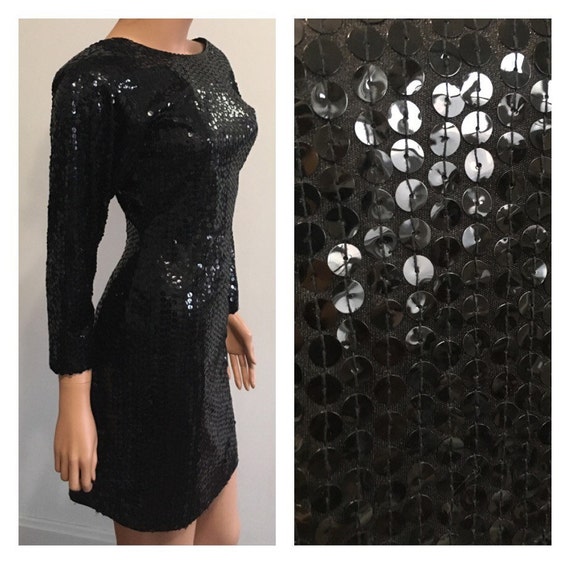 90s Sequined Dress 90s Party Dress Black Sequined… - image 2