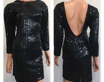 90s Sequined Dress 90s Party Dress Black Sequined Dress Backless Dress Mini Dress Black Party Dress Cocktail Dress Small