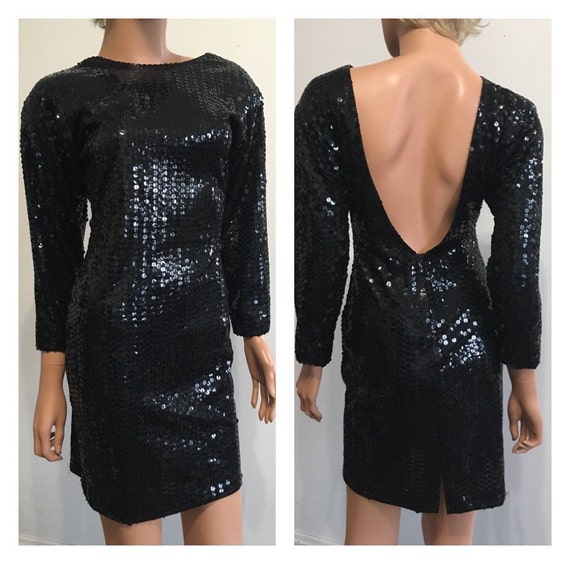 90s Sequined Dress 90s Party Dress Black Sequined… - image 1