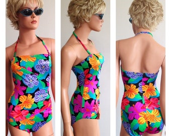 1980s Swimsuit Tropical Swimsuit Vintage Jantzen Swimsuit One Piece Swimsuit Detachable Halter Hawaiian Swimsuit Tropical Swimsuit Size S