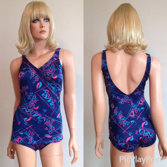 1970s Swimsuit Abstract Blue Swimsuit Bullet Bra … - image 3
