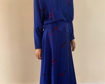 Royal Blue 1980s Dress 80s Day Dress Silk Dress 80s Silk Dress Secretary Dress Geometric 80s Dress Royal Blue 80s Dress  Dolman Sleeve 10