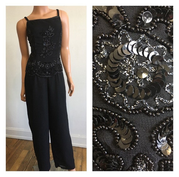 New Years Eve 1990's Beaded Jumpsuit Black Beaded