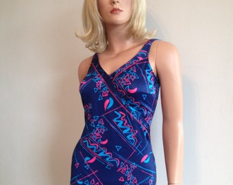 1970s Swimsuit Abstract Blue Swimsuit Bullet Bra Swimsuit Pinup Swimsuit Bombshell Swimsuit One Piece Tank Swimsuit Size 4-6
