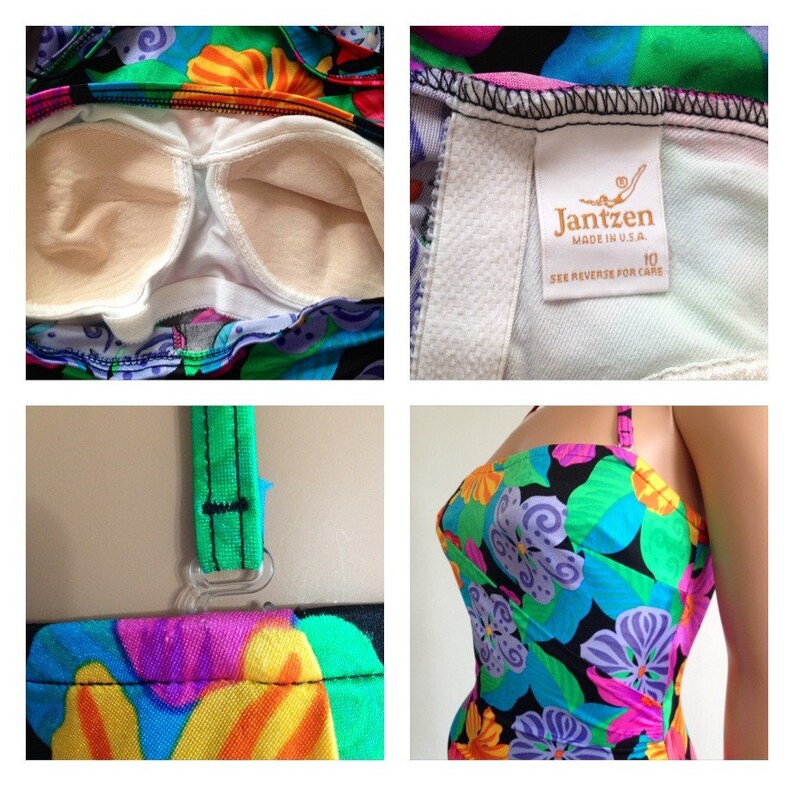 Peut inclure: Un maillot de bain une pi&egrave;ce vintage avec un motif floral vibrant dans les tons de bleu, vert, violet et orange. Le maillot de bain est dot&eacute; d'un col licou et d'un soutien-gorge int&eacute;gr&eacute;. L'&eacute;tiquette indique "Jantzen" et "Made in U.S.A."