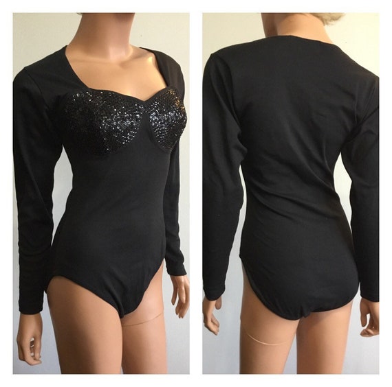 1990's Bodysuit 90s Black Bodysuit Sequined Bodysu