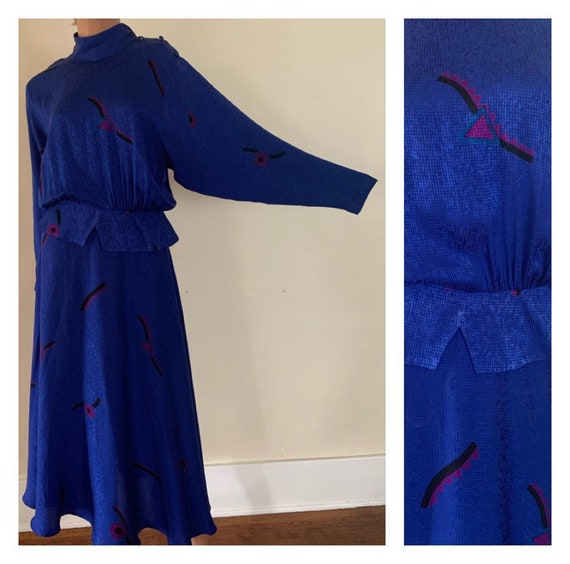 Royal Blue 1980s Dress 80’s Day Dress Silk Dress 8