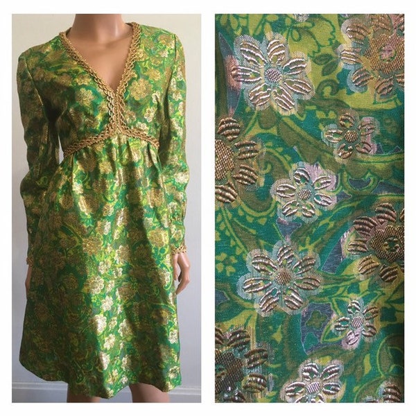 1970's Dress Green Metallic Dress St. Patrick's Day Dress Green Party Dress Gold Lame Dress Mollie Parnis Dress Gold Lame Dress Metallic Med