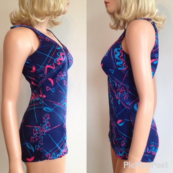 1970s Swimsuit Abstract Blue Swimsuit Bullet Bra … - image 4