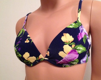 1990s Bikini Top Blue Bikini Top Vintage Body Id Blue Floral Bikini Top Underwire Bikini Top Size 12