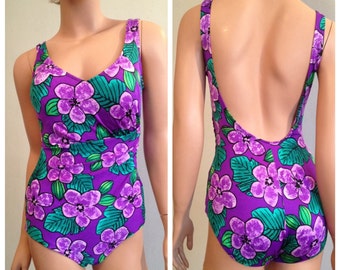 1980s Swimsuit Purple Swimsuit One Piece Swimsuit Floral Swimsuit Tropical Swimsuit 80s Purple Swimsuit Size 12