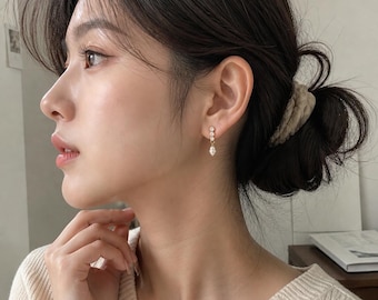 Dainty Teardrop Clip-On Earrings • Freshwater Pearl Drop • Gold or Sterling Silver Non-Pierced Earrings