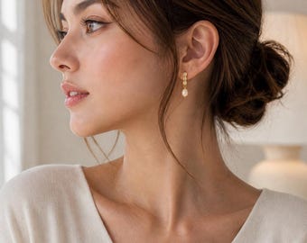 Dainty Teardrop Clip-On Earrings • Fresh water Pearl Drop • Gold or Sterling Silver Non-Pierced Earrings