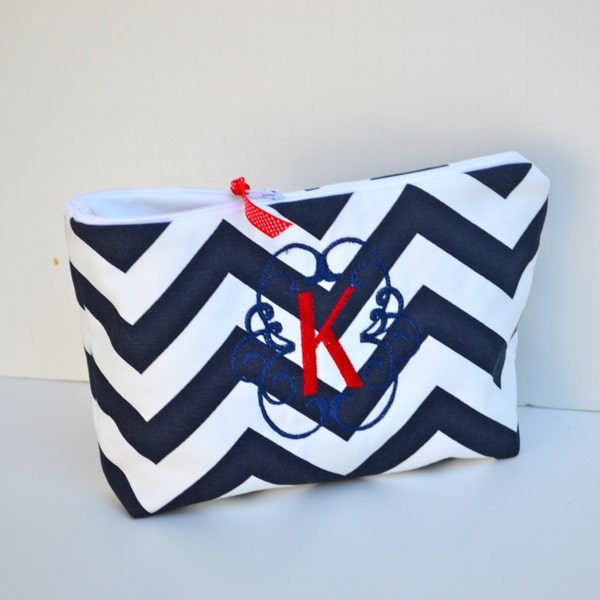 Monogrammed Cosmetic Bag Zipper Pouch Make Up Bag Navy and White Chevron