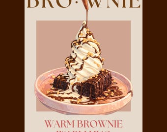 Puede incluir: Imagen ilustrada de un postre de brownie con helado y salsa de chocolate. La palabra "BROWNIE" está en la parte superior, con "WARM BROWNIE WARM HUG" en la parte inferior. El postre está en un plato rosa.