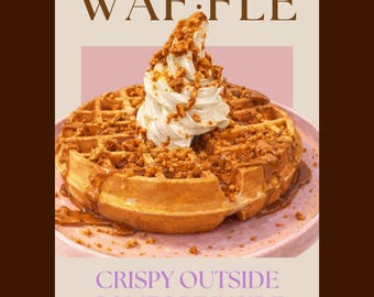Puede incluir: Un gofre dorado cubierto con crema batida y trozos de galleta, servido en un plato rosa. La imagen incluye el texto "WAFFLE" en la parte superior y "CRISPY OUTSIDE COMFORT INSIDE" en la parte inferior.
