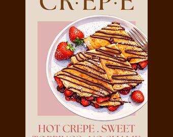 Puede incluir: Ilustración de crepes con fresas y salsa de chocolate en un plato blanco. La imagen incluye el texto "CR.EP.E" y "HOT CREPE. SWEET TOPPINGS. NO SHAME". Un tenedor está colocado en el plato.