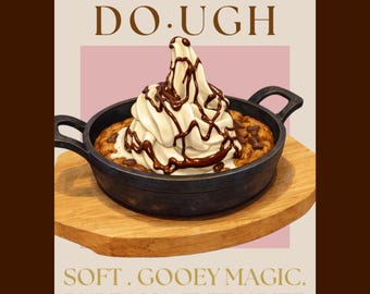 Puede incluir: Imagen de un postre de masa de galletas en una sartén, cubierto con helado suave y salsa de chocolate. La imagen incluye el texto "COO.KIE DO.UGH" y "SOFT. GOOEY MAGIC. PURE JOY. EVERY BITE."
