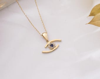 14K Solid Gold Evil Eye Pendant, Minimalist Protection Sapphire Accent Necklace, Birthday Gift