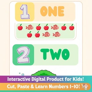 May include: Educational digital product for children displaying the numbers 1 and 2, with associated words and illustrations. Includes red apples and fish. Designed for cutting, pasting, and learning numbers 1-10.