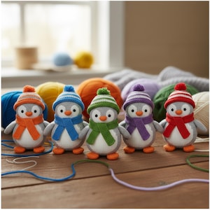 Peut inclure: Cinq pingouins en peluche faits à la main, chacun portant un bonnet et une écharpe colorés. Les pingouins sont gris, blancs et oranges, avec des pieds et des becs oranges. Ils sont disposés sur une surface en bois avec de la laine colorée en arrière-plan.