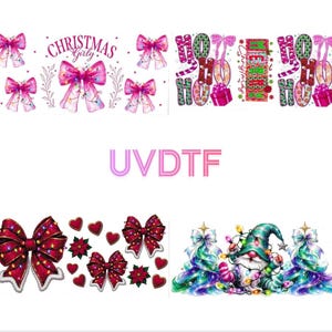May include: A UVDTF transfer sheet featuring Christmas-themed designs including pink bows with fairy lights, the text Christmas Girly, Ho Ho Ho patterns, red bows with hearts and poinsettias, and a gnome between two colorful Christmas trees.