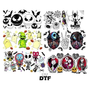 May include: A sheet of UV DTF transfers featuring various characters and motifs from The Nightmare Before Christmas, including Jack Skellington, Sally, and Oogie Boogie in black and white and full color, with the text UV DTF at the bottom.