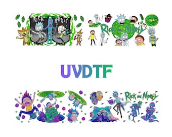 May include: A collection of colorful Rick and Morty character stickers and graphic decals featuring various scenes, portals, and the text UVDTF in the center. The designs include multiple illustrations of the main characters in vibrant green, blue, and purple tones.