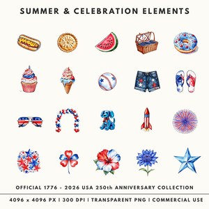 40 Patriotic Watercolor Clipart PNGs, 4K Bundle, USA 250th Anniversary, Digital Download image 3