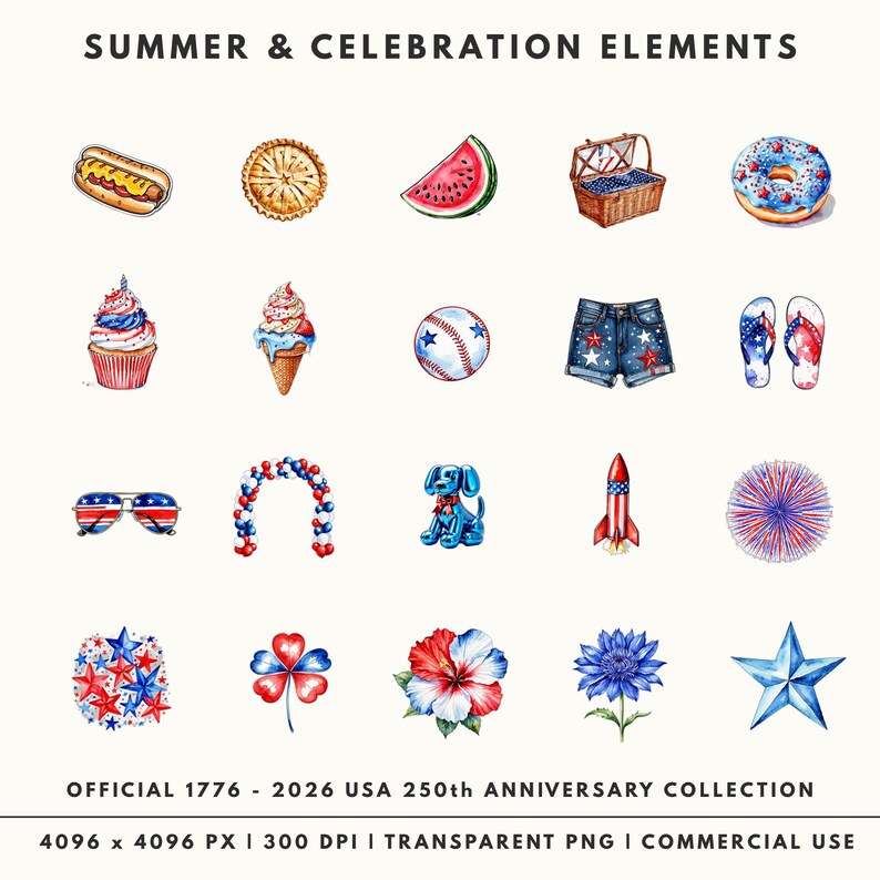 40 Patriotic Watercolor Clipart PNGs, 4K Bundle, USA 250th Anniversary, Digital Download image 3