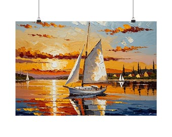 Sailboat Sunset Oil Painting Poster | Nautical Wall Art | Golden Hour Sailing Print