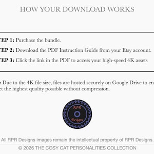 An instructional graphic titled How Your Download Works. Step 1: Purchase the bundle. Step 2: Download the PDF Instruction Guide from Etsy. Step 3: Click the link in the PDF to access high-speed 4K assets hosted securely on Google Drive.