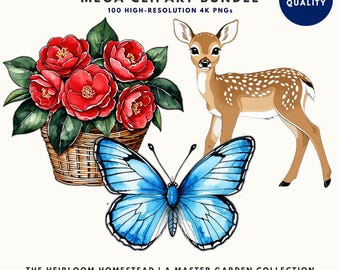 100 Heirloom Garden Clipart PNGs, 4K Watercolor Floral Bundle, Spring Wildlife, 4K Commercial Use