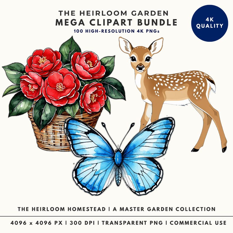 Promotional graphic for 'The Heirloom Garden Mega Clipart Bundle' featuring a blue butterfly, a spotted fawn, and a basket of red camellias. Text indicates 100 high-resolution 4K PNGs for commercial use.