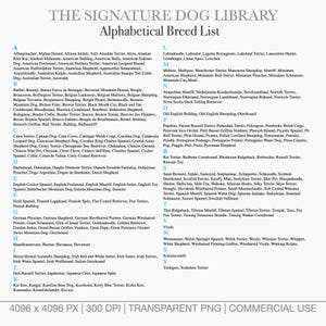 Full alphabetical list of 250+ dog breeds included in The Signature Dog Library clipart bundle.