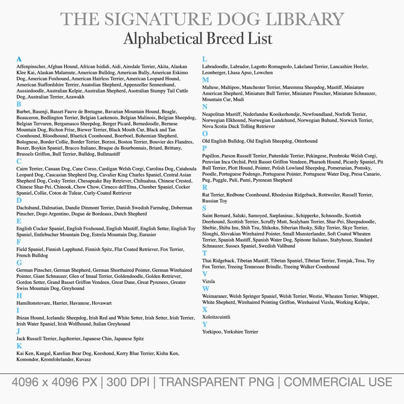 Full alphabetical list of 250+ dog breeds included in The Signature Dog Library clipart bundle.