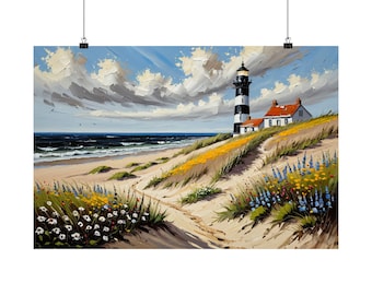 Lighthouse Wildflower Dune Oil Painting Poster | Coastal Wall Art | Nautical Beach Print