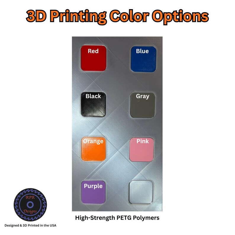 A grid showing available PETG 3D printing colors including Red, Blue, Black, Gray, Orange, Pink, and Purple.