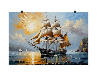 Tall Ship Oil Painting Poster | Vintage Sailing Vessel Wall Art | Nautical Maritime Print