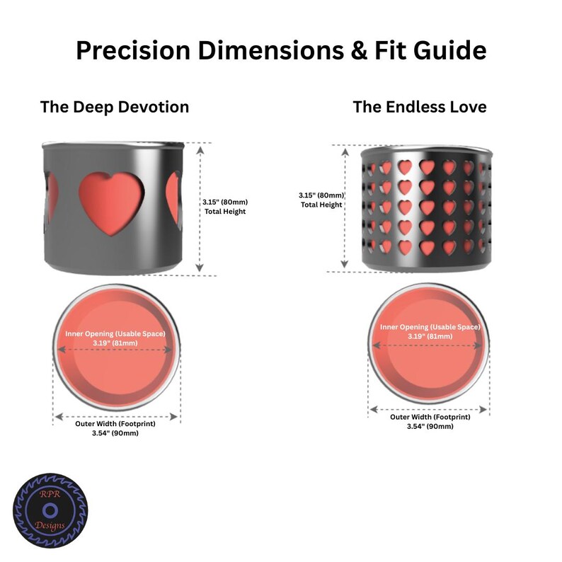 Technical drawing showing the 3.15 inch height and 3.19 inch inner opening diameter for both heart-themed pencil holder styles.