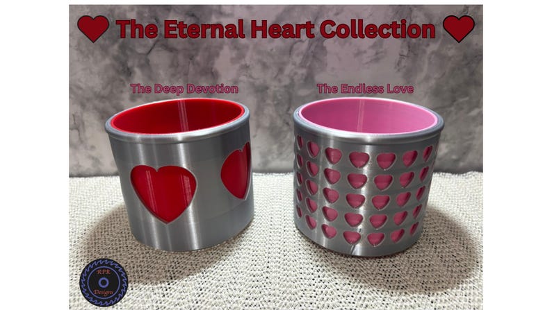 Side-by-side comparison of the Deep Devotion style with large heart cutouts and the Endless Love style with an intricate heart lattice pattern.