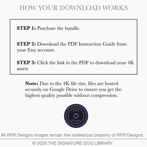 Instructional slide for The Canine Archive explaining how to access the 4K transparent PNG files via the included secure download link.