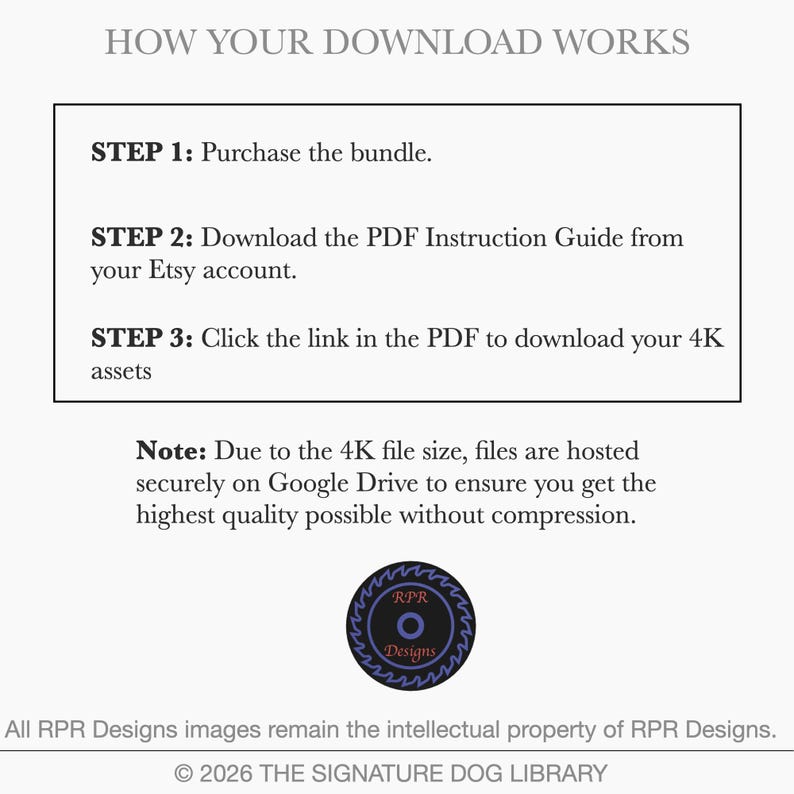 Instructional slide for The Canine Archive explaining how to access the 4K transparent PNG files via the included secure download link.