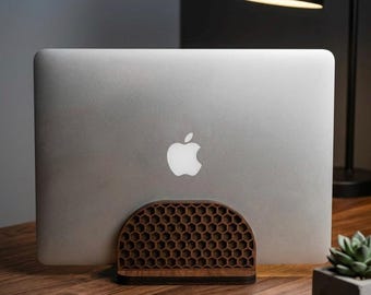 Walnut Stand | Vertical Laptop Holder | Honeycomb Wood MacBook Stand | Handmade Desk Organizer